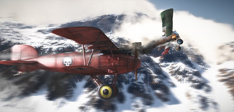 WWI dogfight over snowy mountains