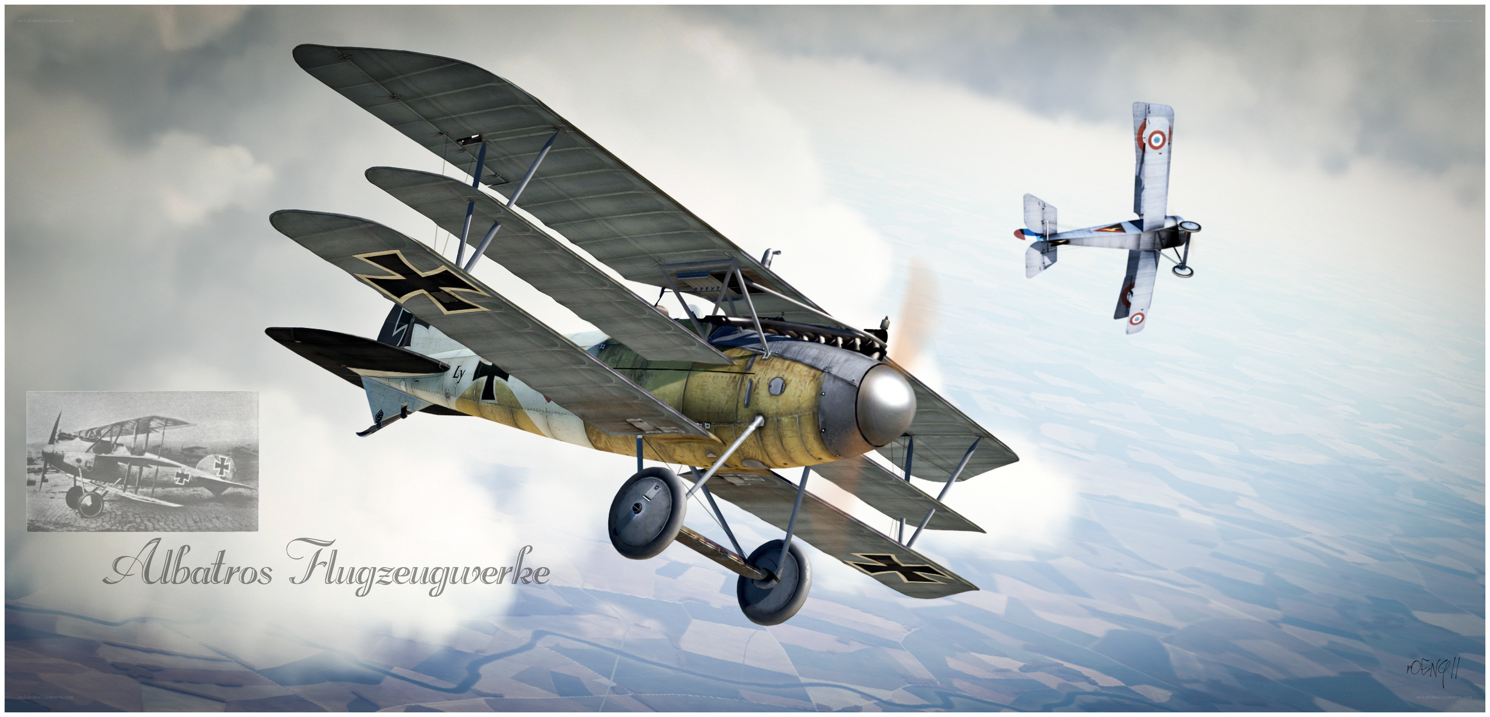 WWI German biplane in flight