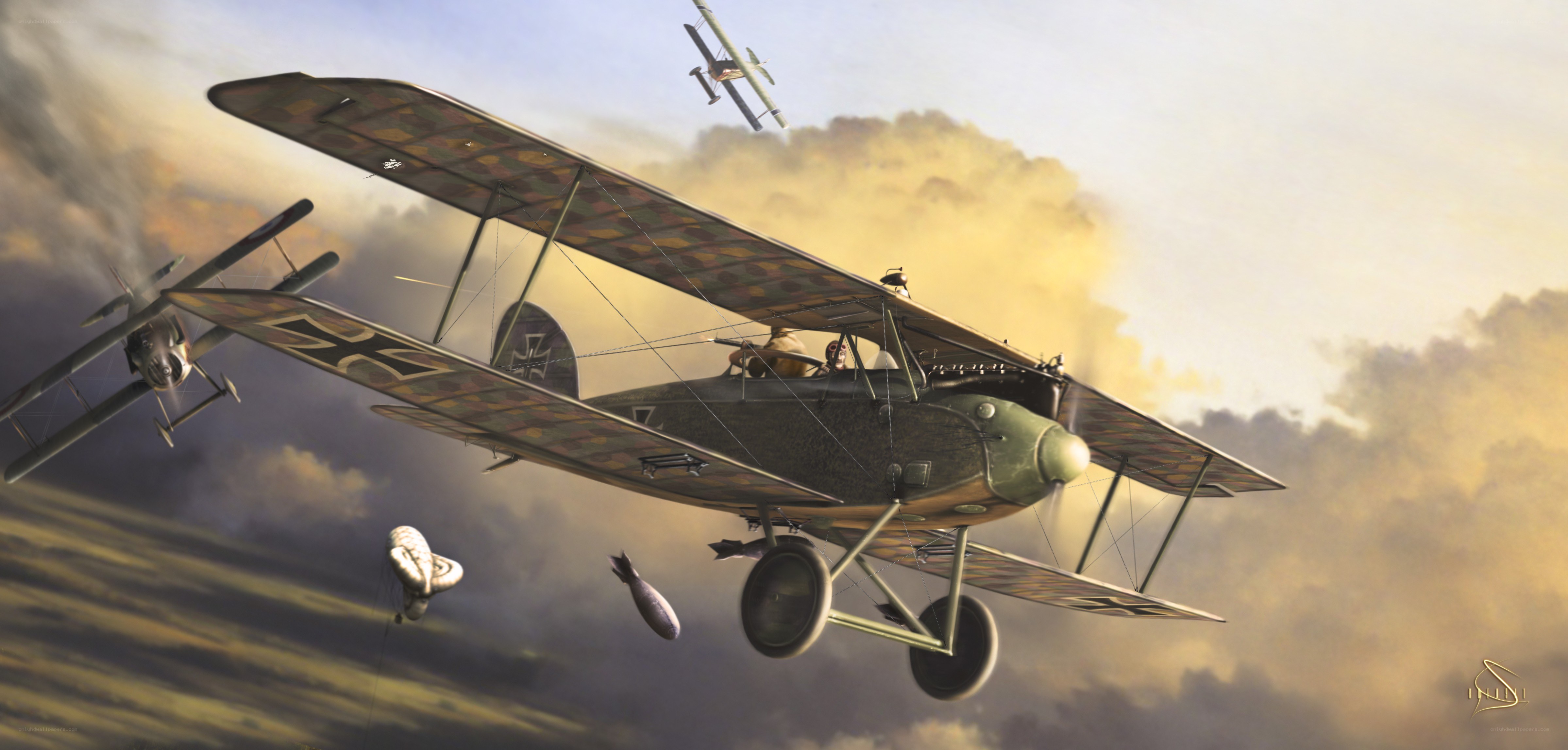 WWI German bomber in combat