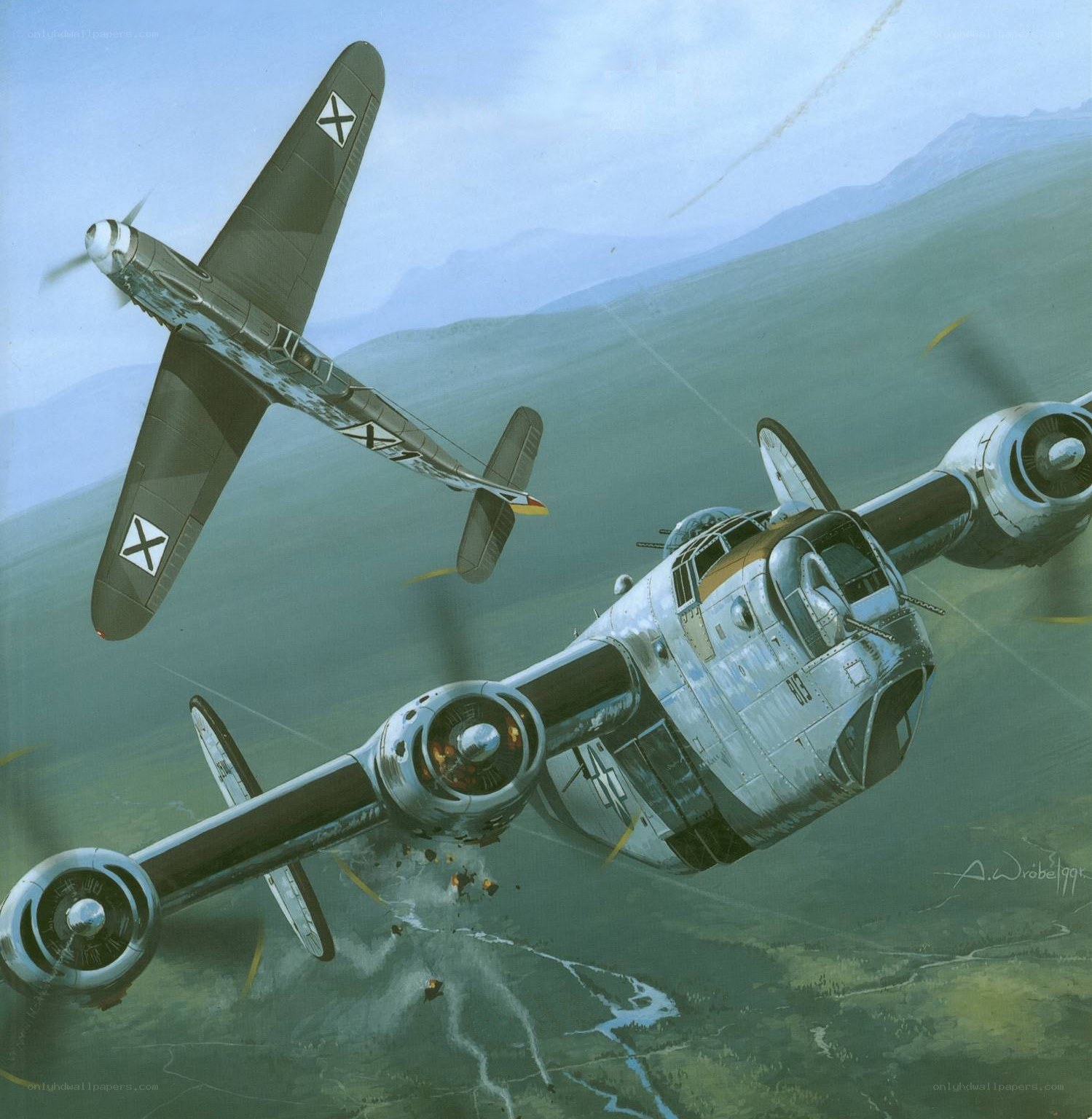 WWII aerial combat scene
