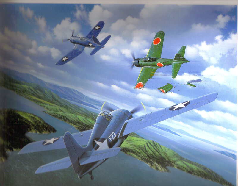 WWII aerial dogfight over islands
