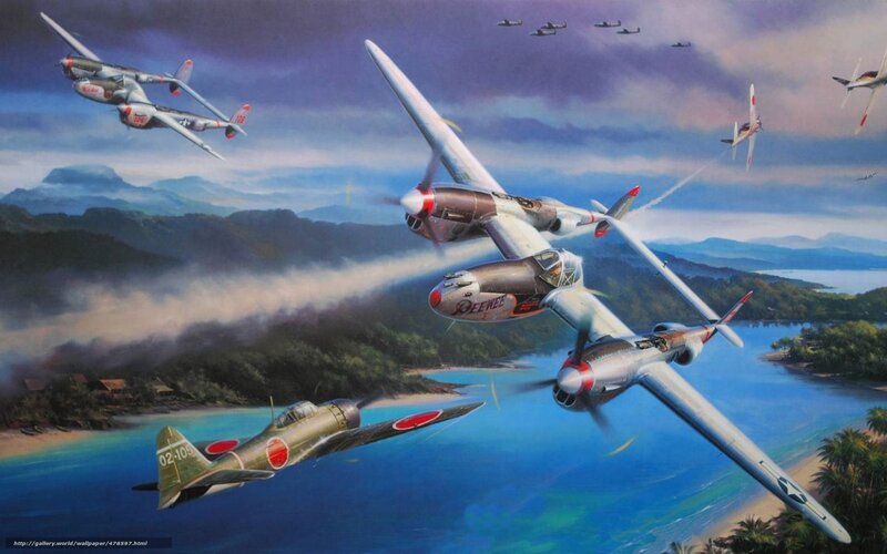 WWII air battle over tropical islands
