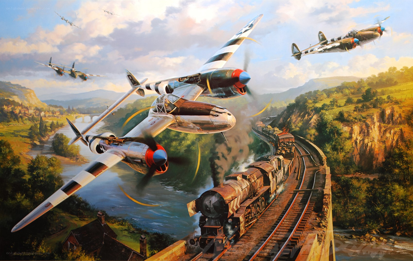 WWII aircraft attack train