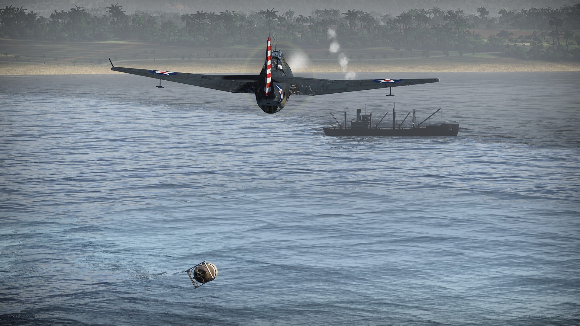 WWII aircraft dropping bomb