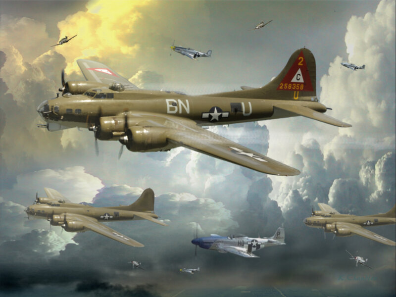 WWII bomber formation in combat