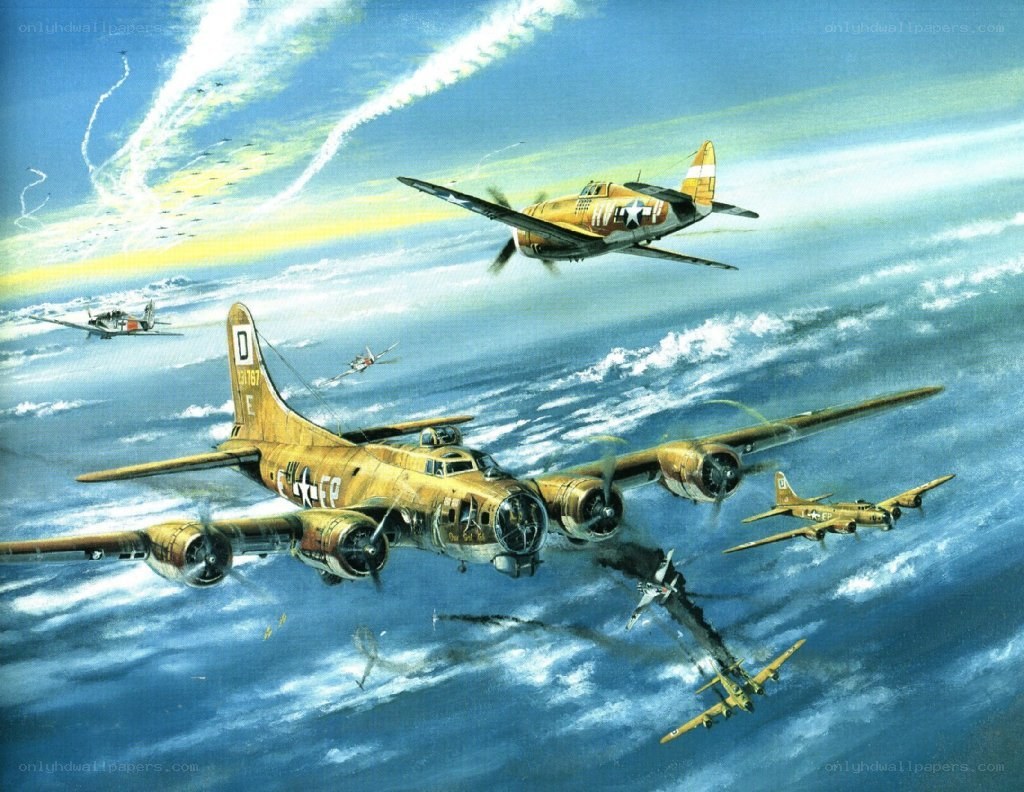 WWII bomber formation in combat
