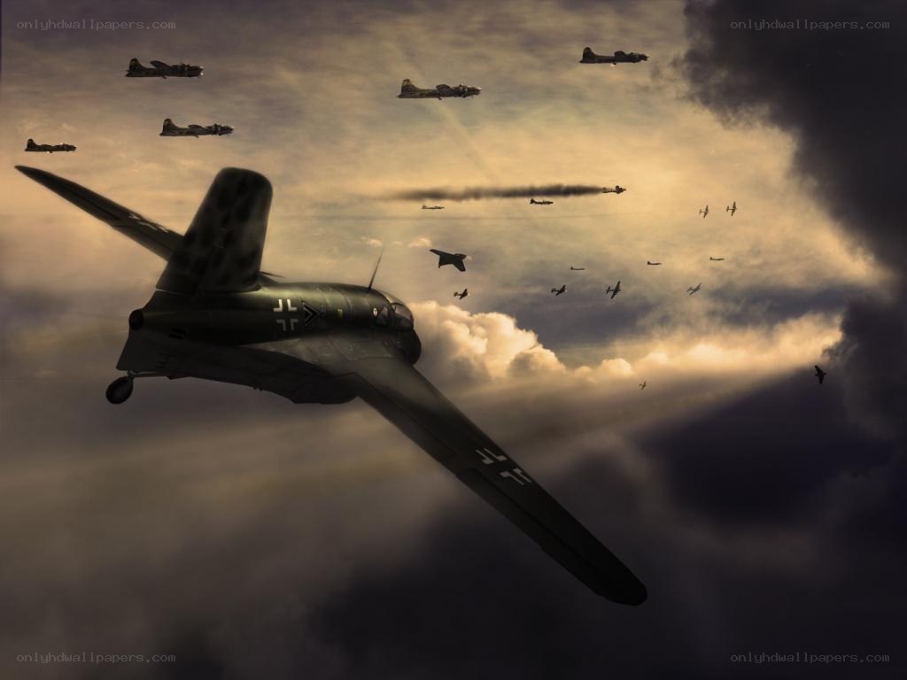 WWII bomber formation in combat