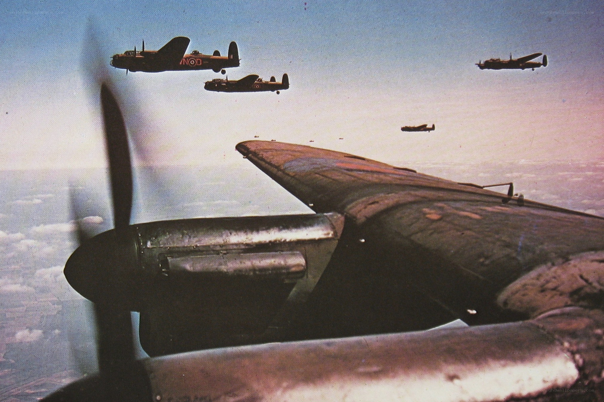 WWII bomber formation in flight