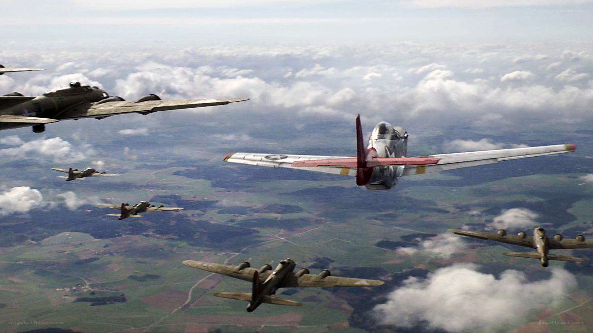WWII bomber formation in flight