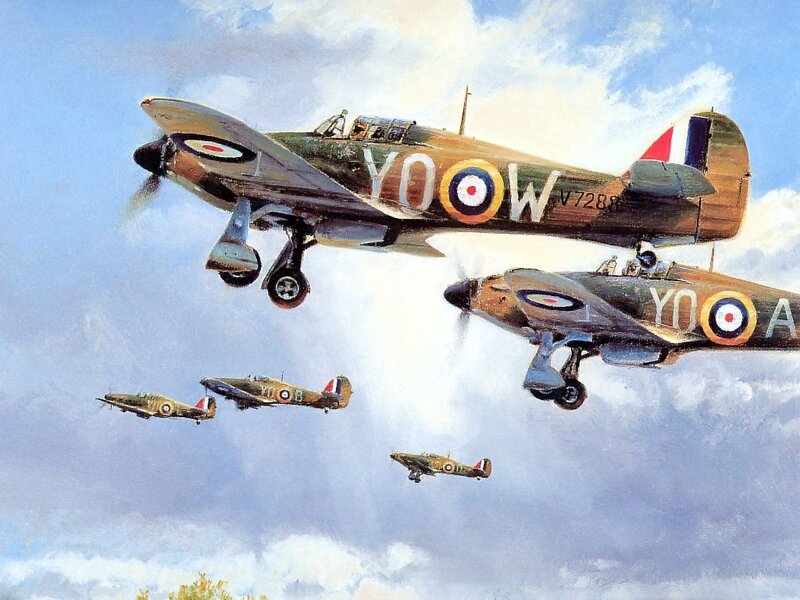 WWII British fighter planes in formation