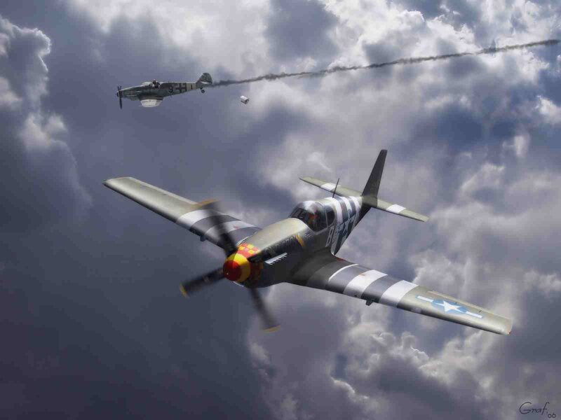 WWII dogfight between P-51 and Bf 109
