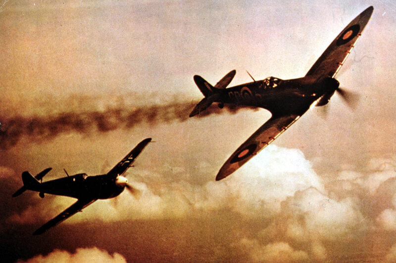 WWII dogfight between Spitfire and Messerschmitt
