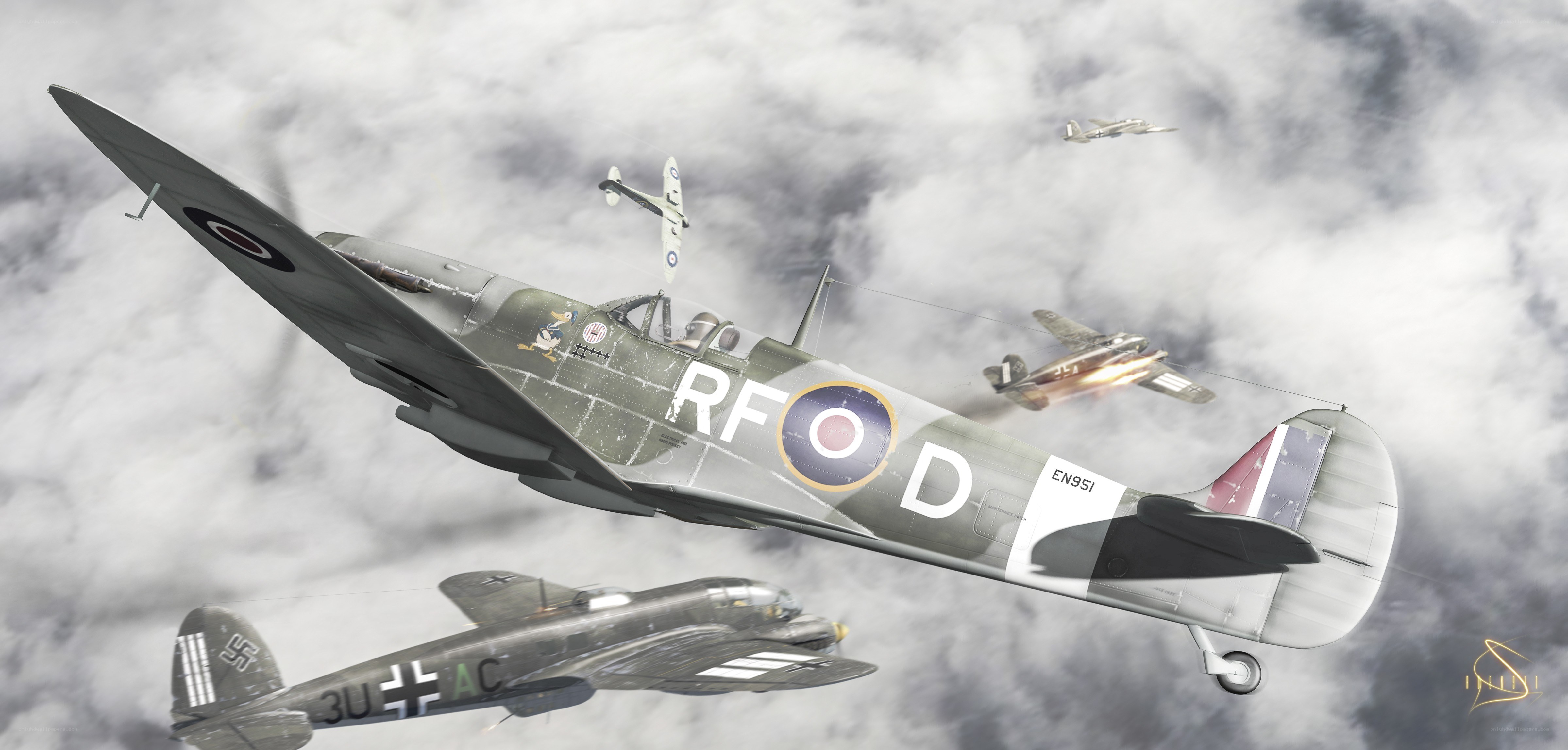 WWII dogfight in clouds