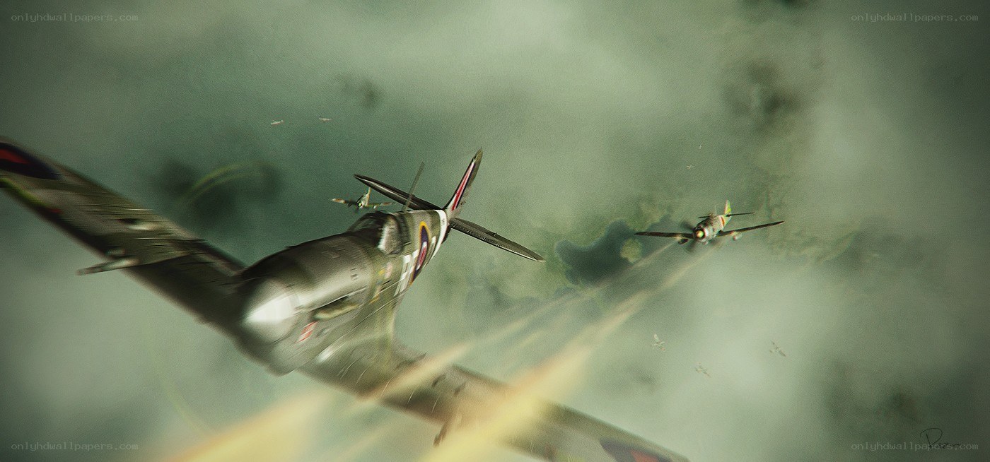 WWII dogfight in cloudy sky