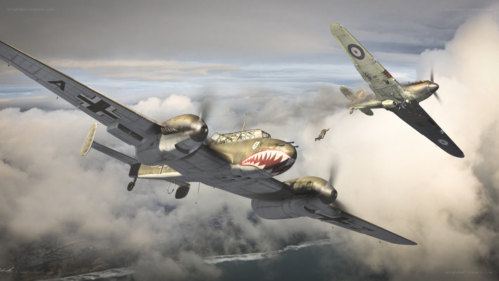 WWII dogfight over clouds