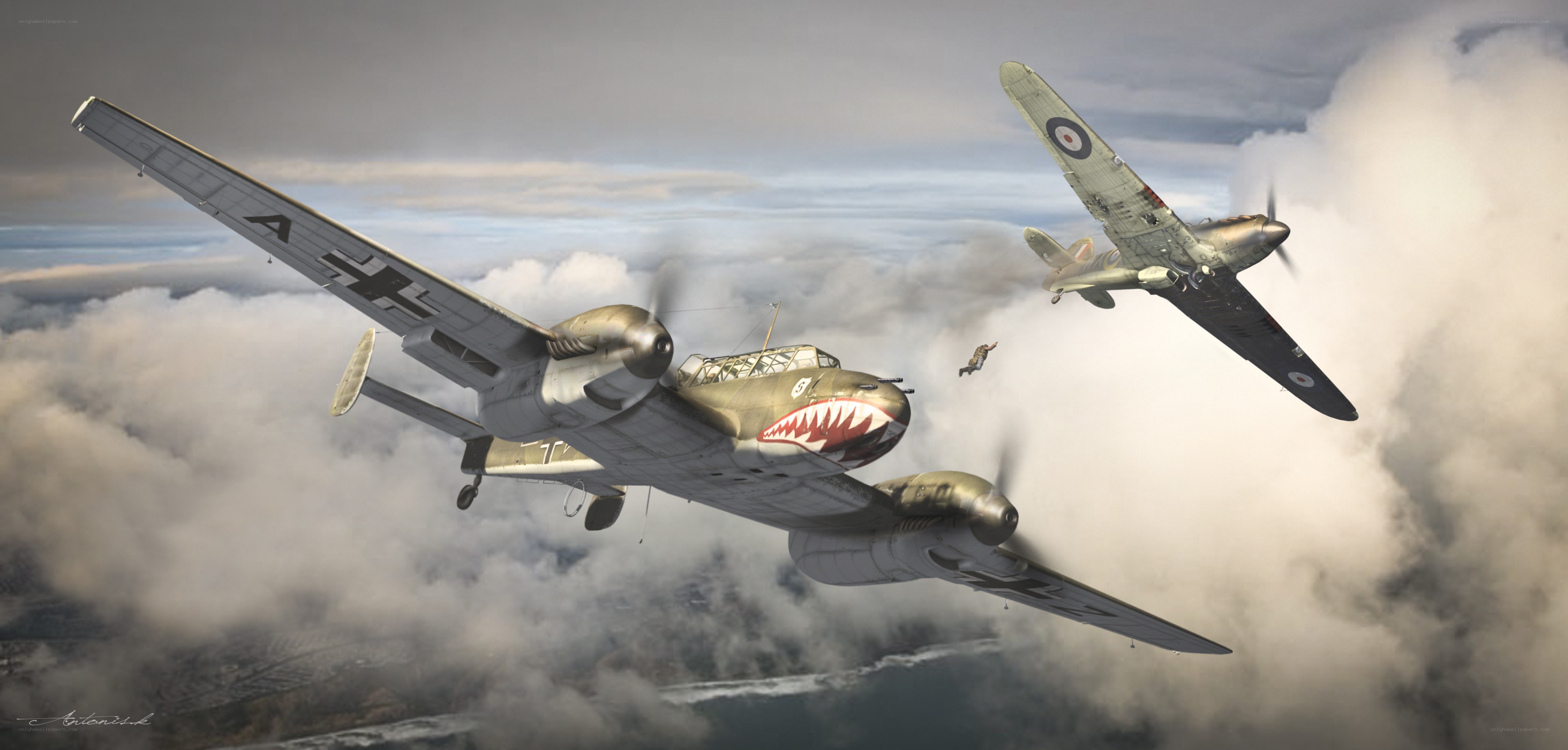 WWII dogfight over clouds