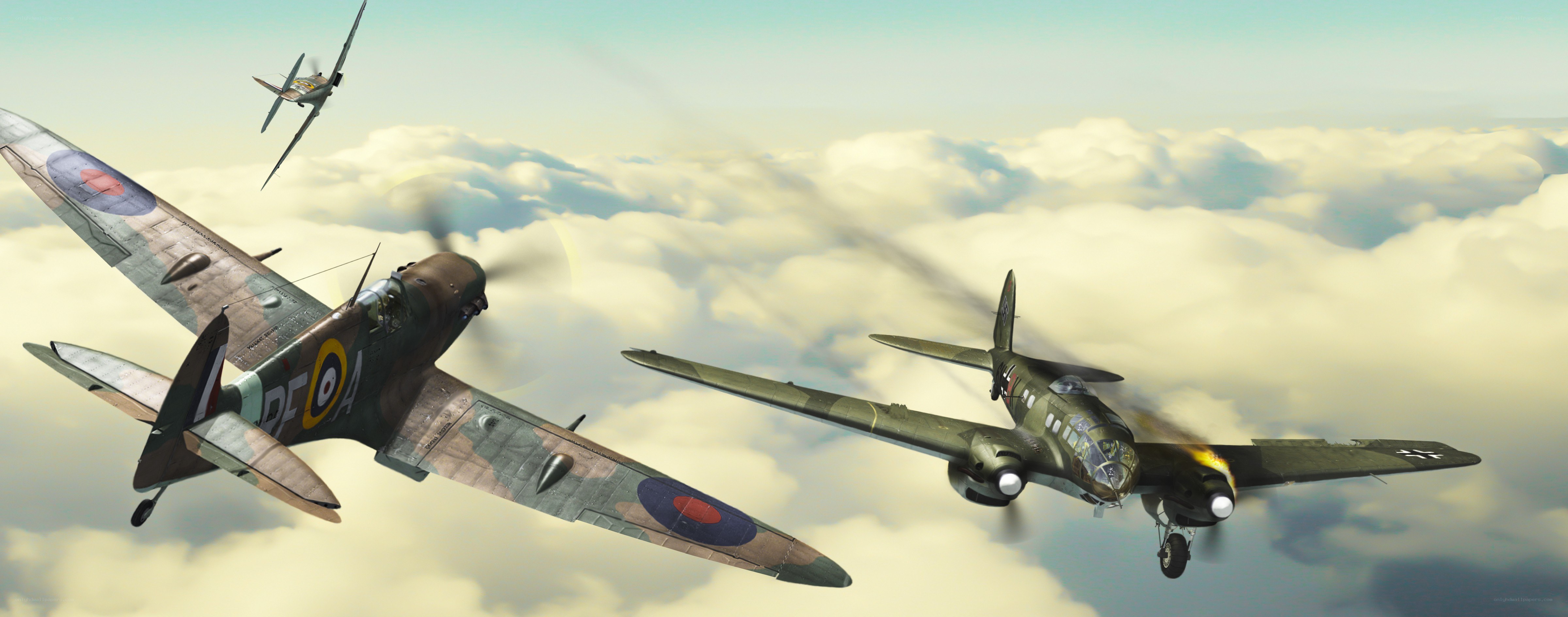 WWII dogfight over clouds