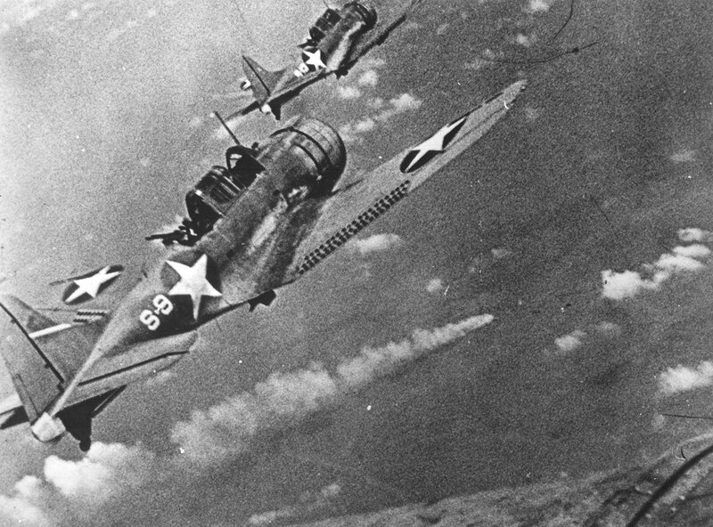 WWII-era fighter planes in flight