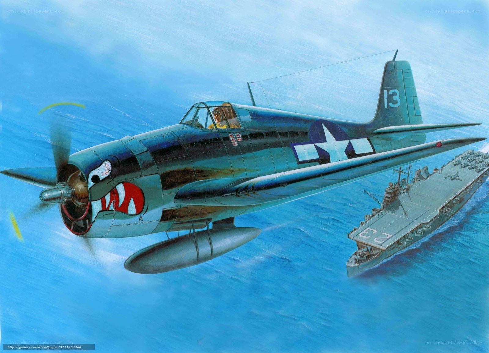 WWII fighter plane over carrier