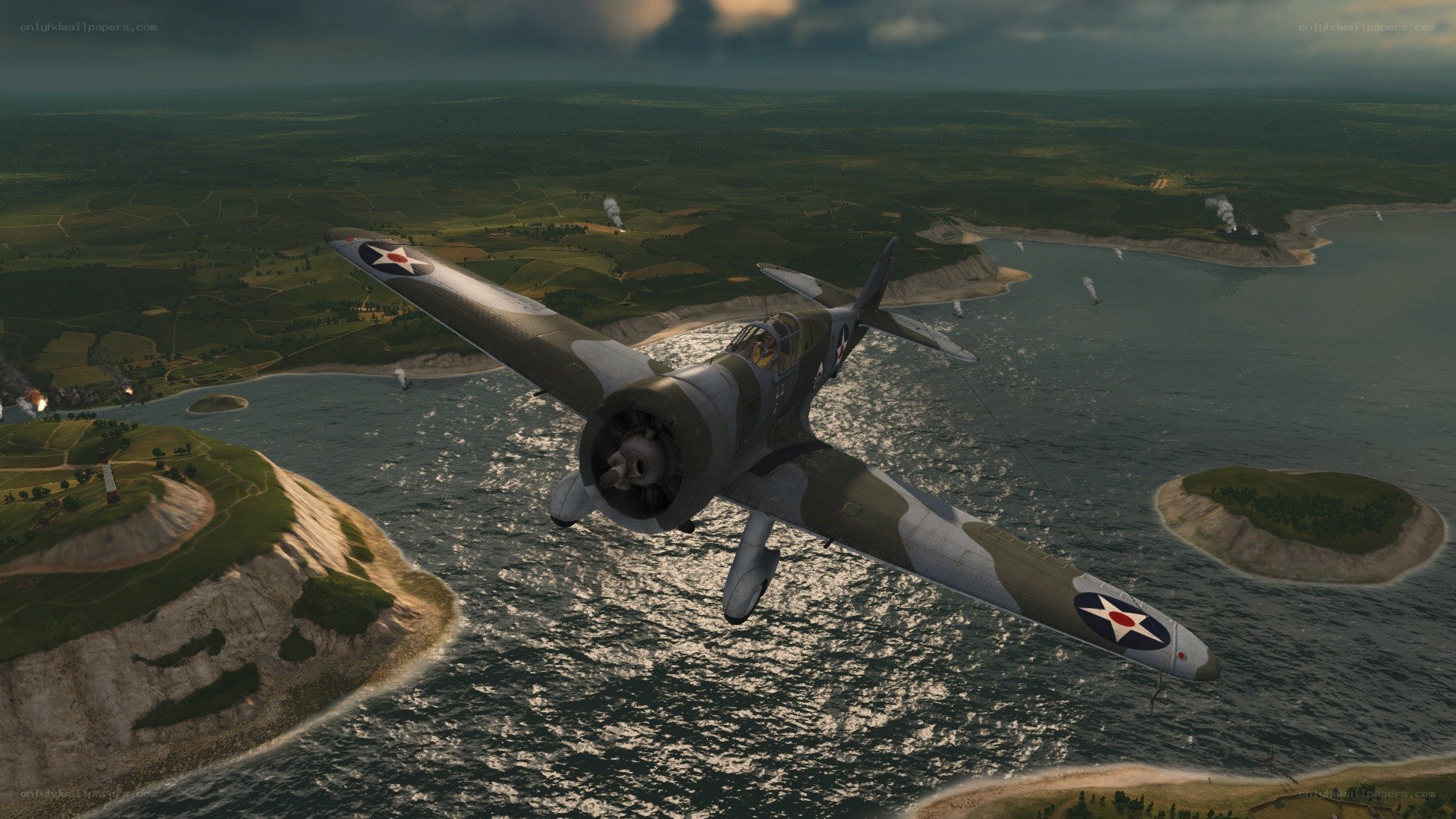 WWII fighter plane over coastline