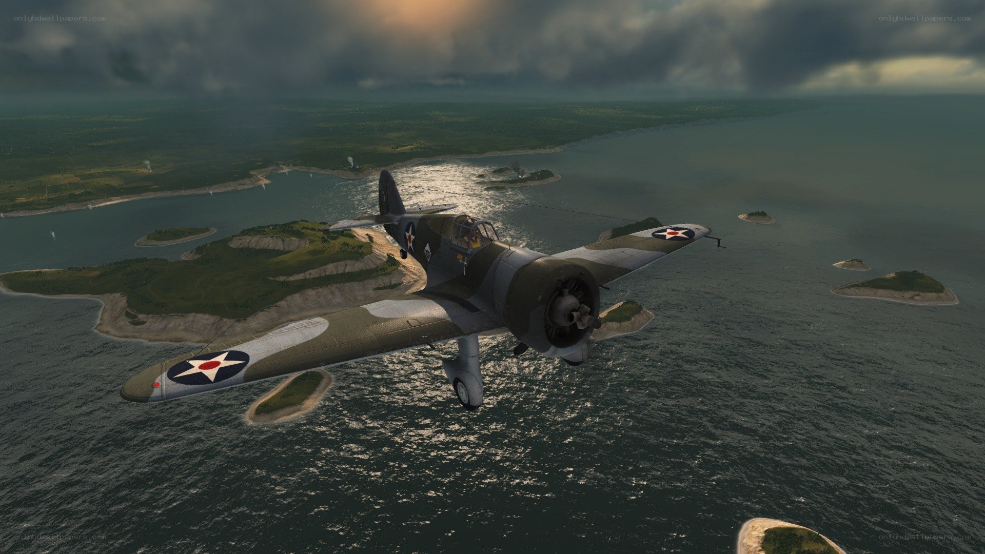 WWII fighter plane over islands
