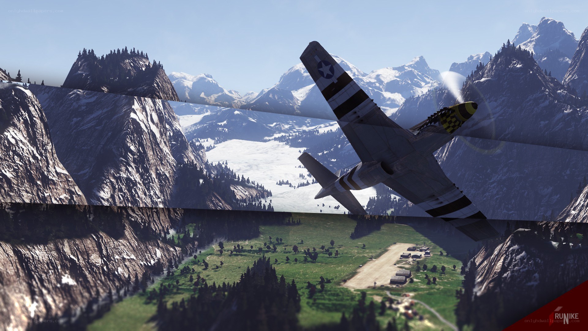 WWII fighter plane over mountains