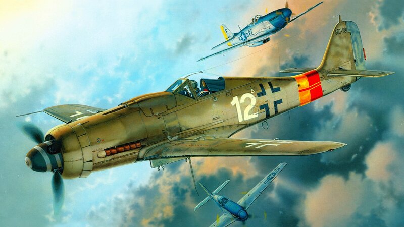 WWII Fighter Planes — Blue, Dramatic, Afternoon, Illustration, Aircraft, Clouds