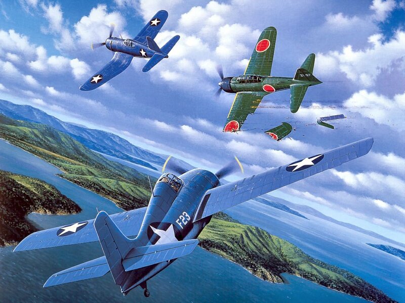WWII Fighter Planes — Blue, Dramatic, Afternoon, Illustration, Aircraft
