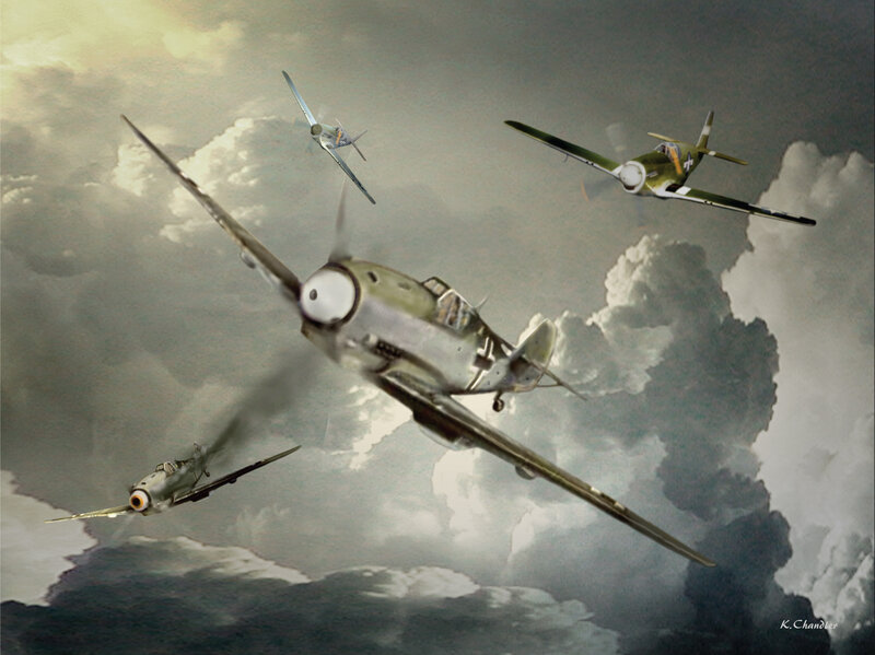 WWII Fighter Planes — Gray, Dramatic, Digital Art, Aircraft, Clouds, Sky