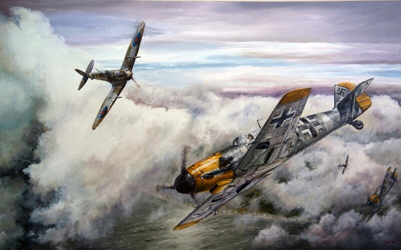 WWII Fighter Planes — Gray, Dramatic, Painting, Aircraft