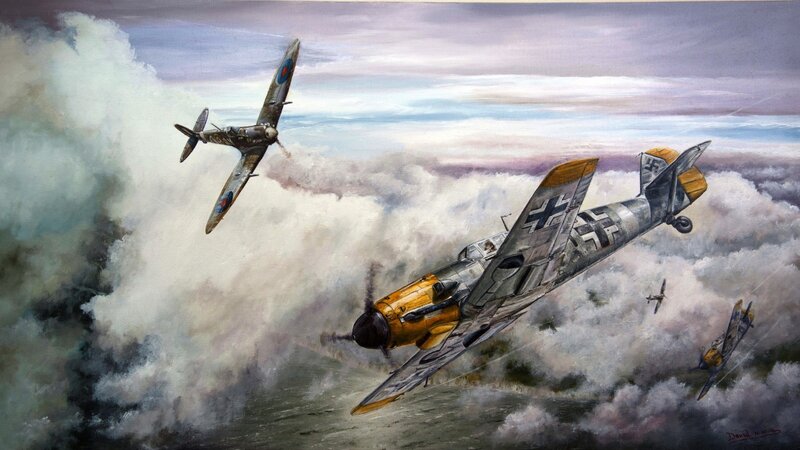 WWII Fighter Planes — Gray, Dramatic, Painting, Clouds