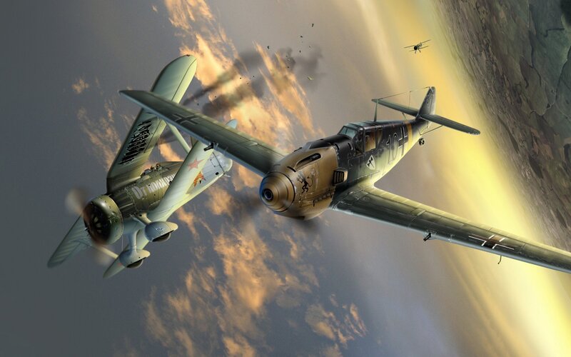 WWII Fighter Planes — Gray, Dramatic, Sunset, Digital Art, Aircraft, Clouds