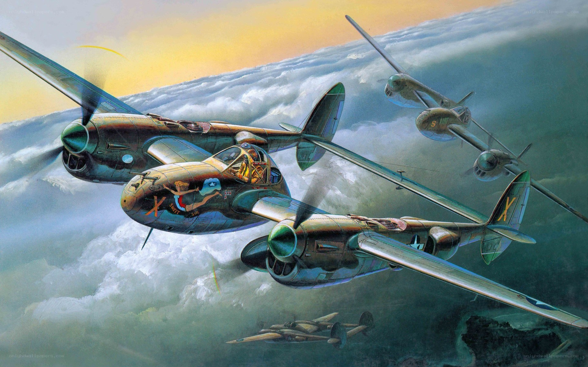 WWII fighter planes in formation