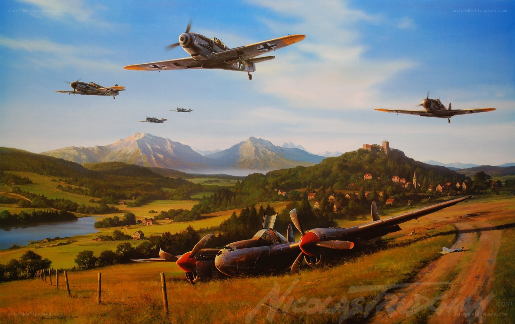 WWII fighter planes over a valley