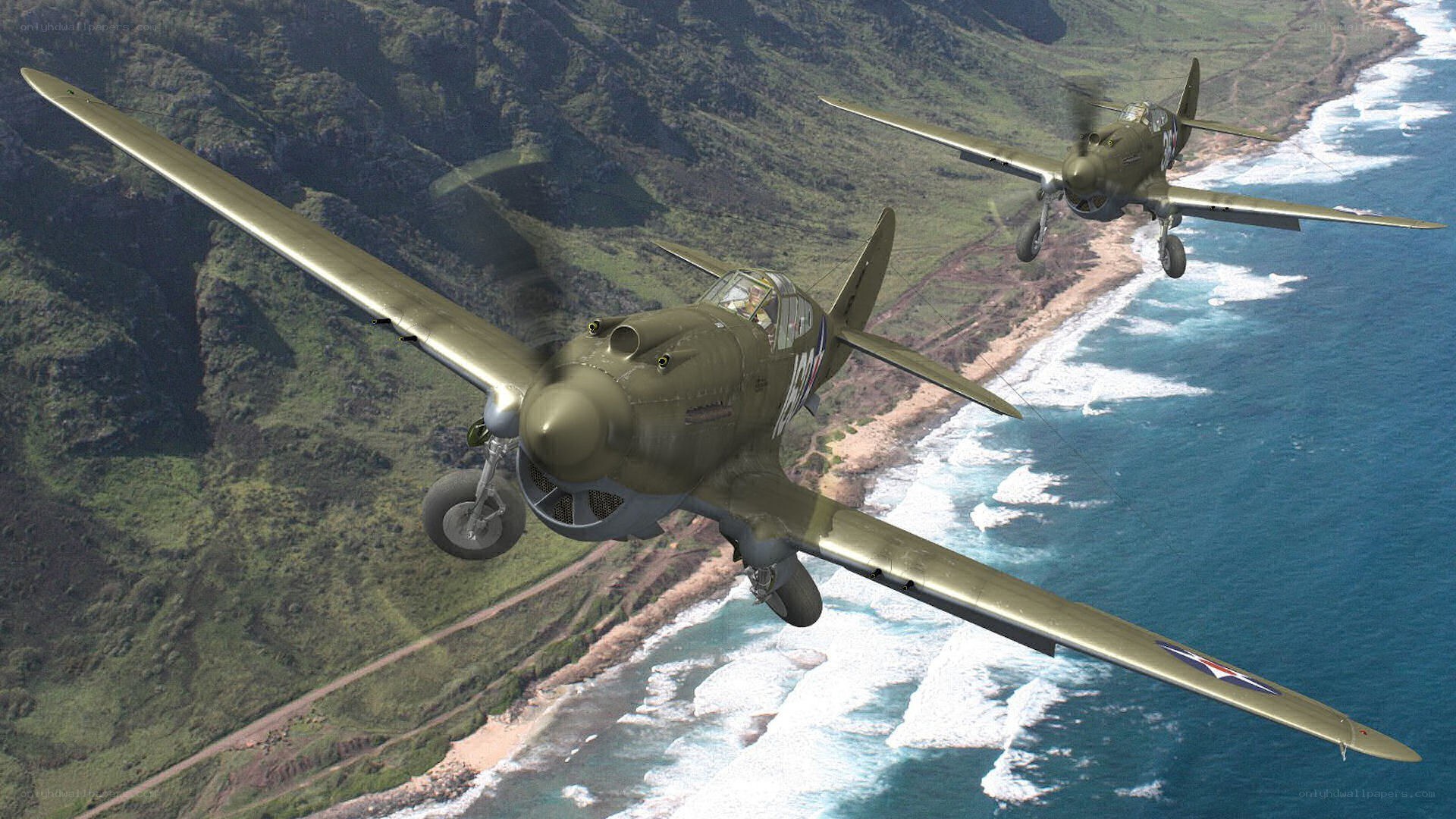 WWII fighter planes over coast