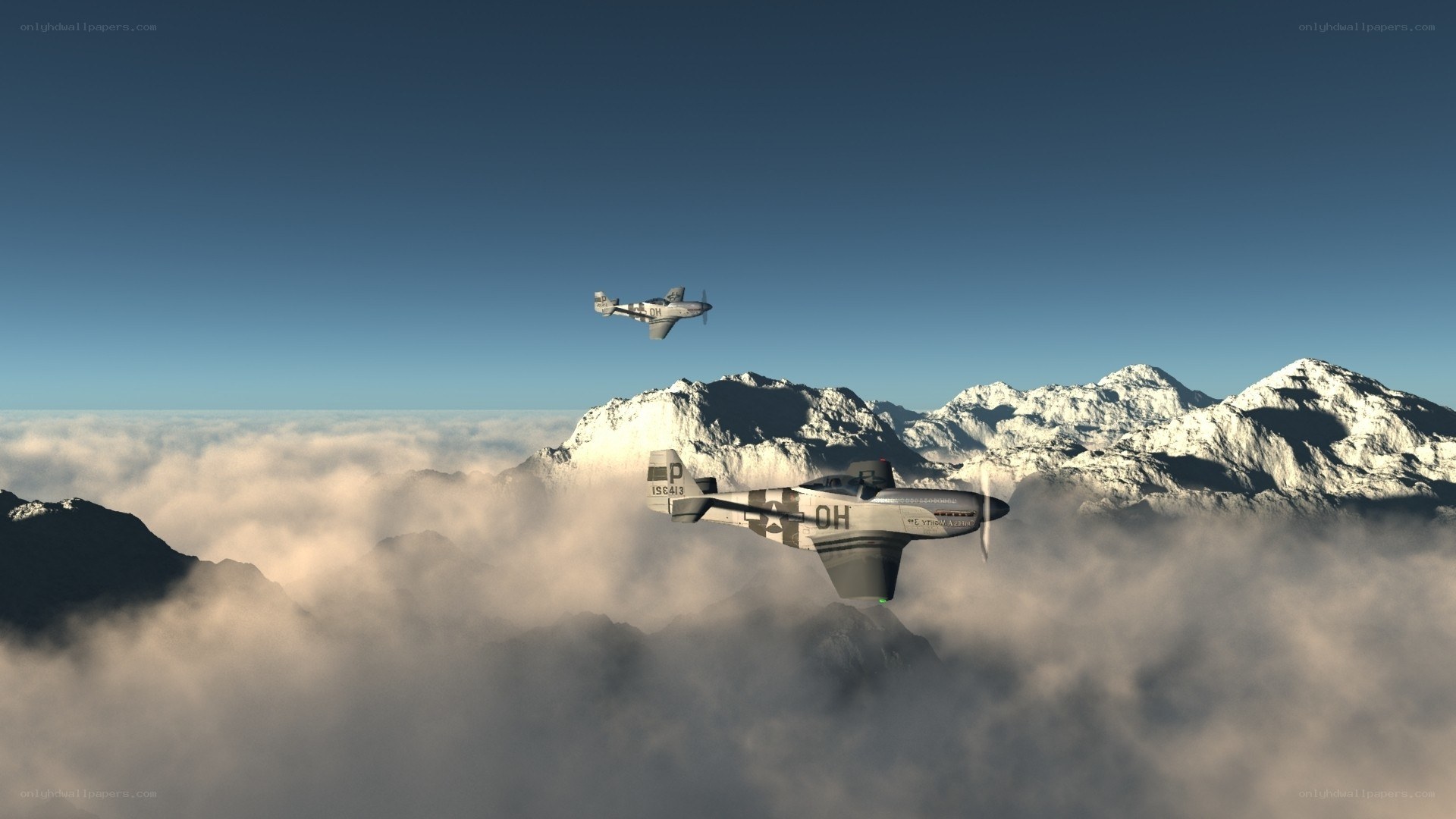 WWII fighter planes over mountains