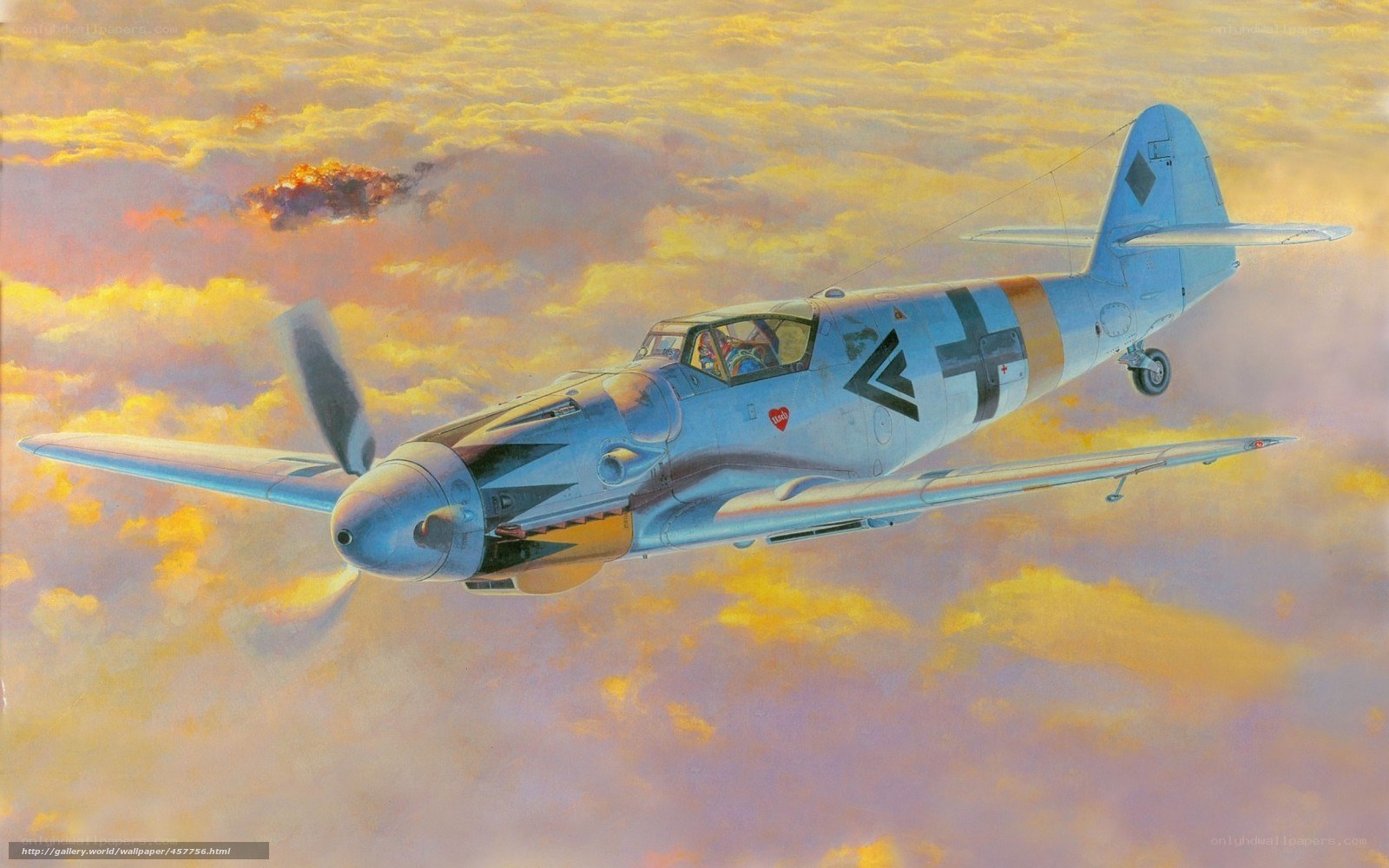 WWII German fighter in sunset
