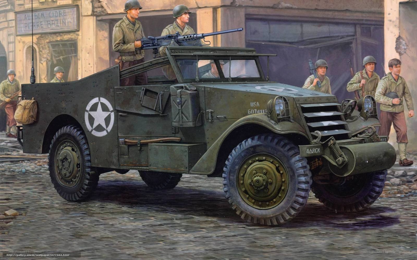 WWII US military vehicle in city