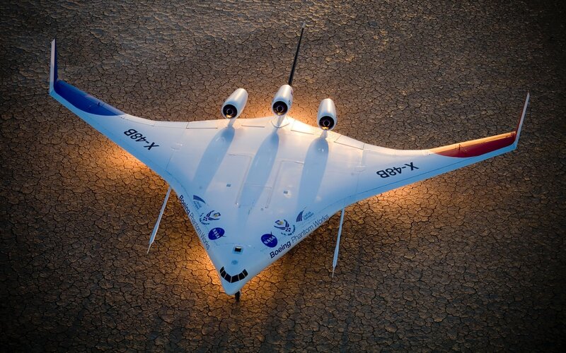 X-48B Experimental Aircraft — White, Dramatic, Sunset