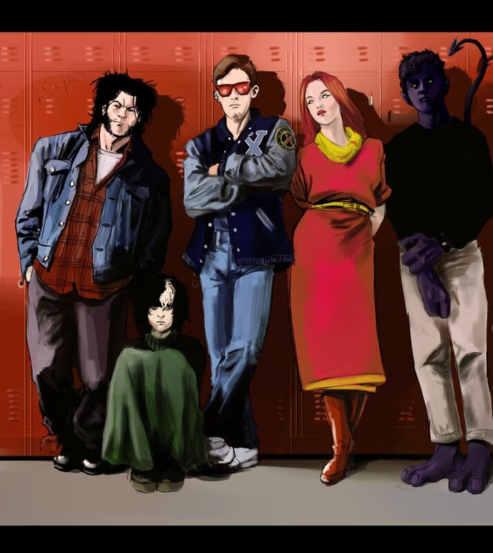 X-Men characters in a school hallway
