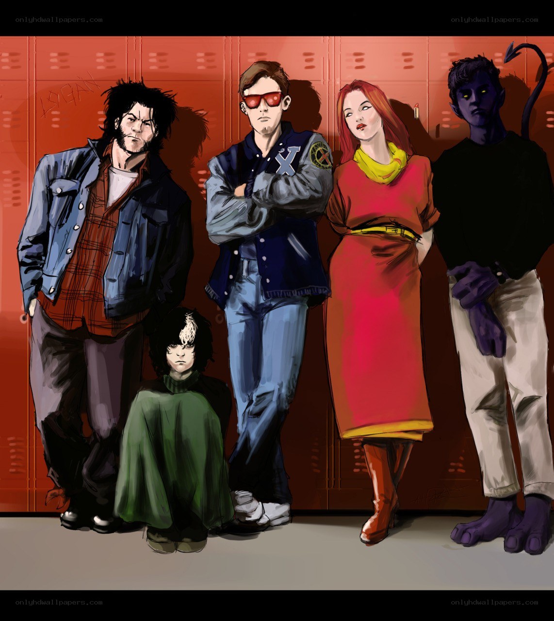X-Men characters in a school hallway