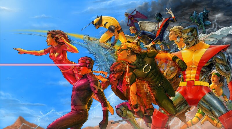 X-Men Team in Action — Blue, Dramatic, Afternoon, Comic, Superheroes, Comic Art