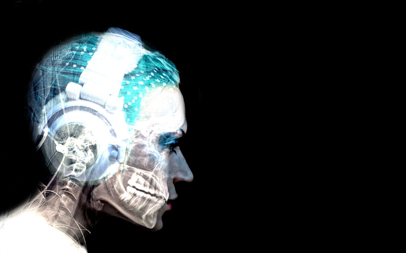 x-ray of woman with headphones
