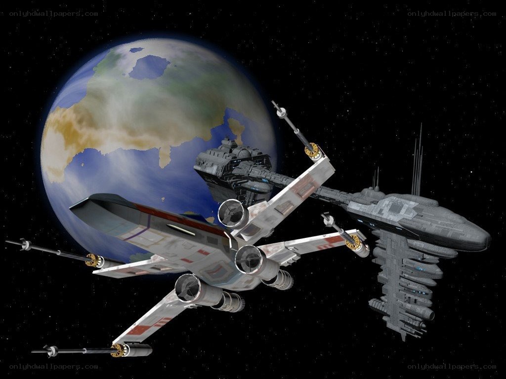 X-wing and Star Destroyer in orbit