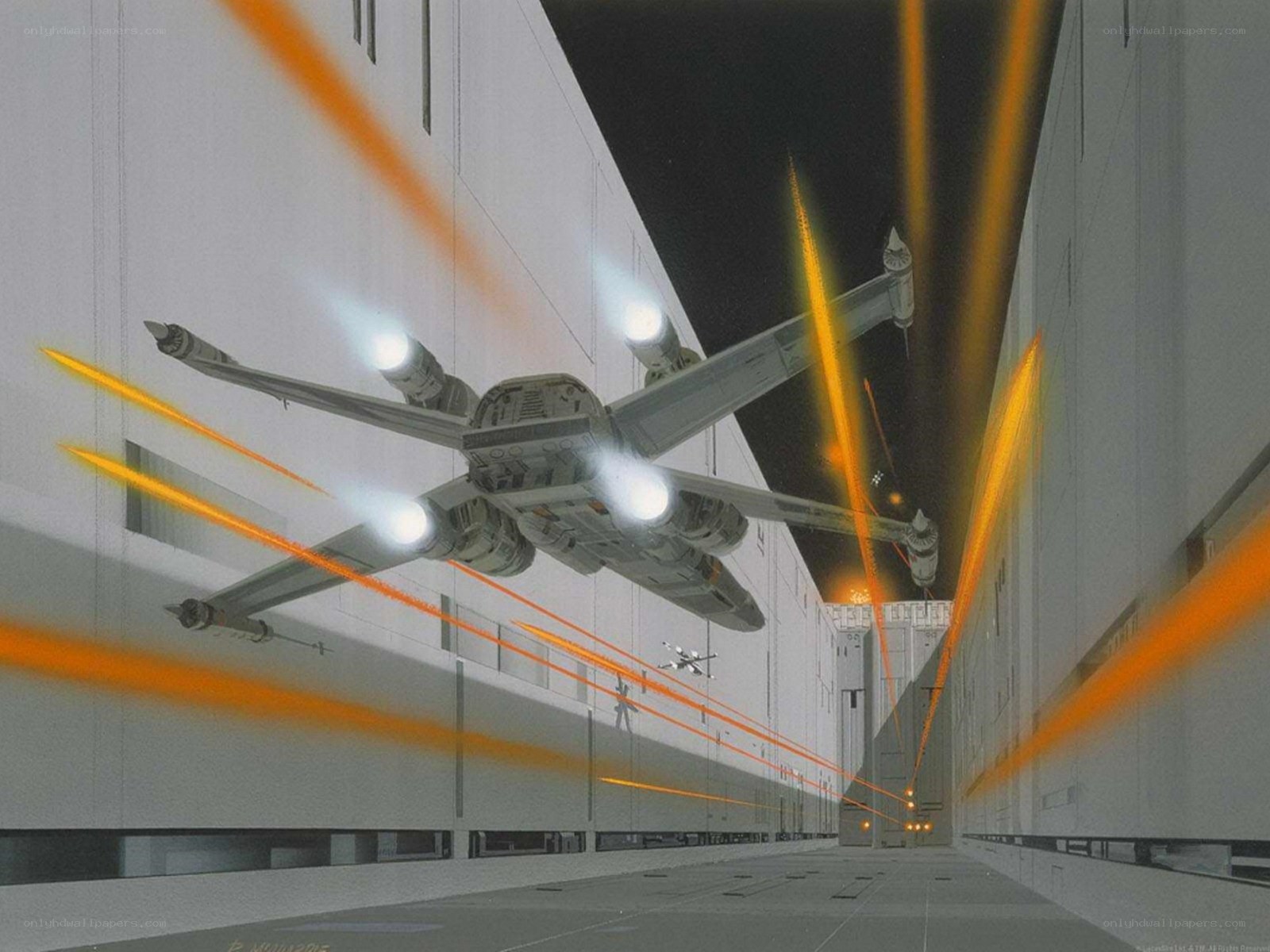 X-wing fighter in a hangar