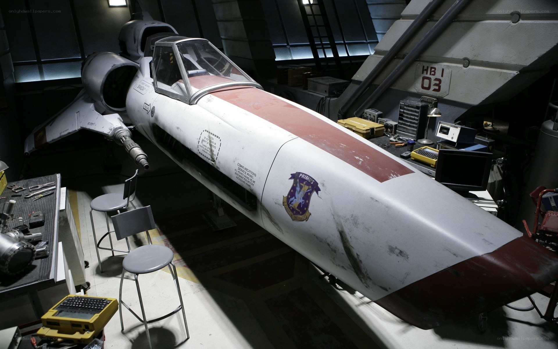 X-wing fighter in hangar
