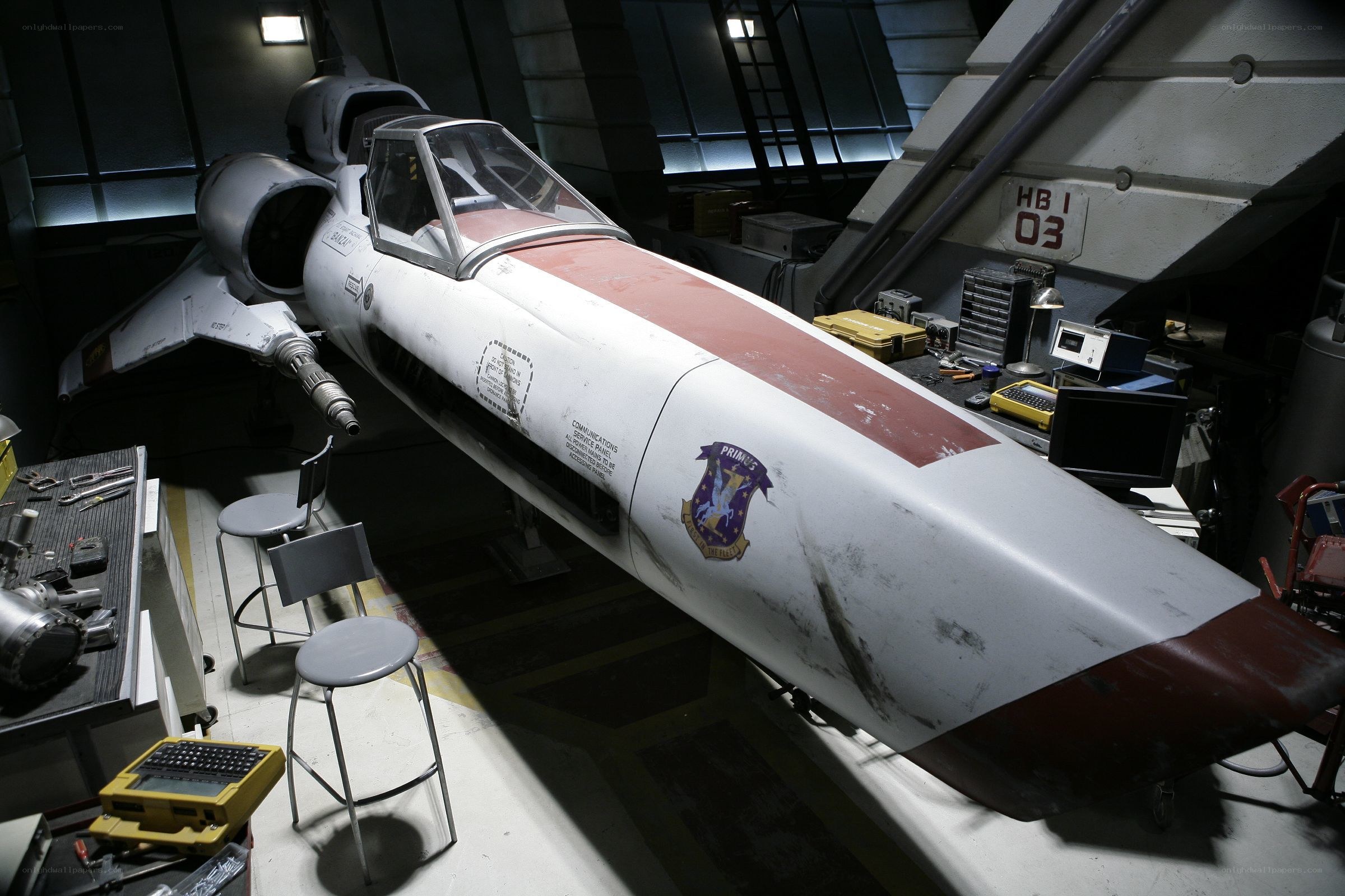 X-wing fighter in hangar