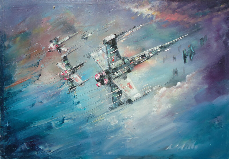 X-wing Fighters in Battle — Blue, Dramatic, Painting