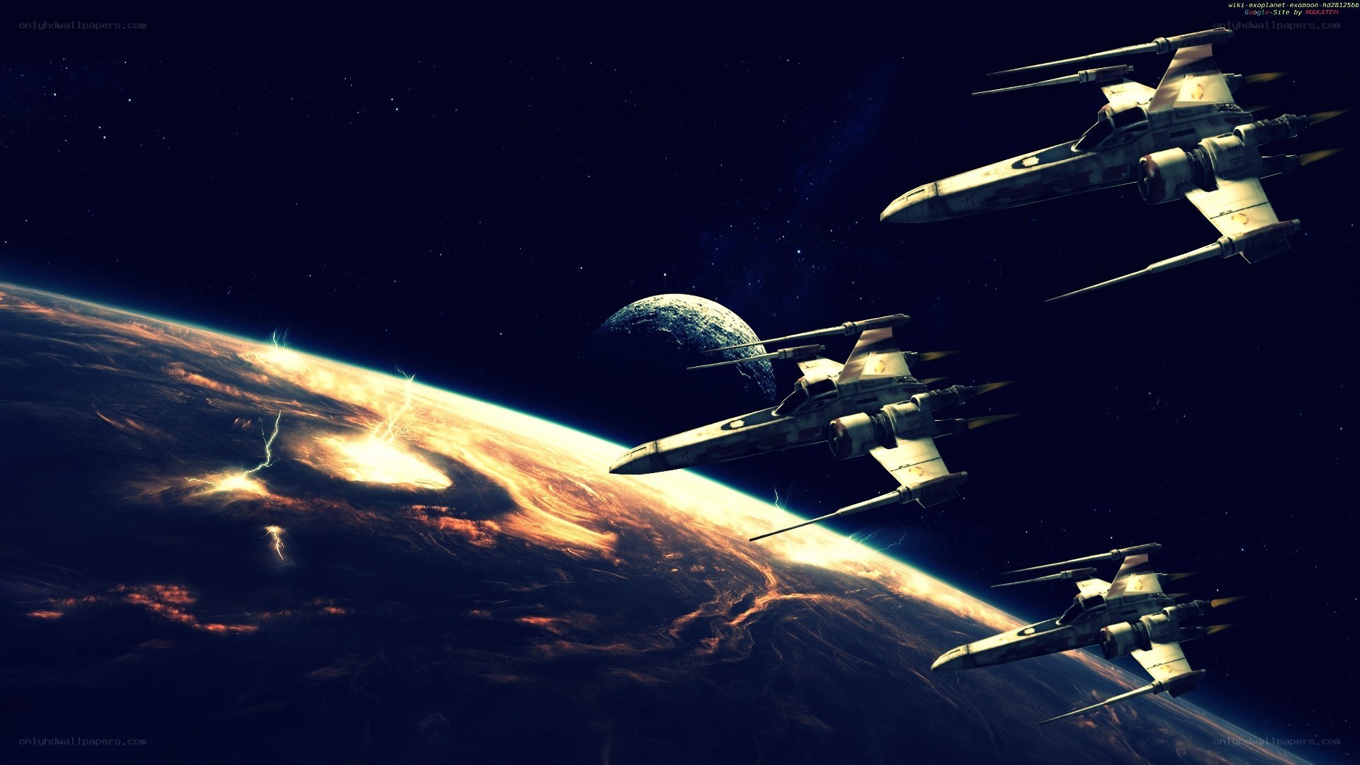X-wing fighters over a planet