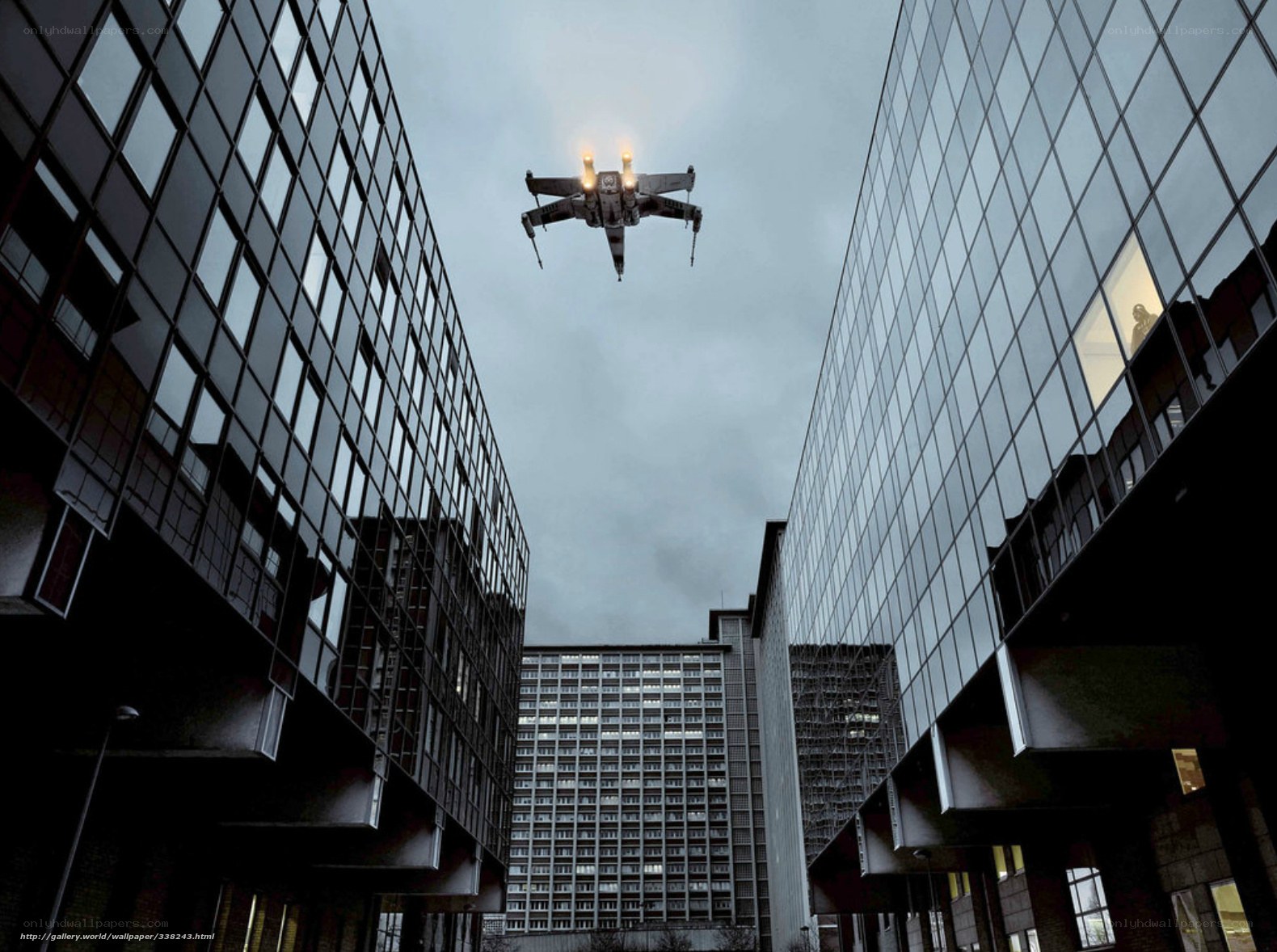 X-wing over city buildings